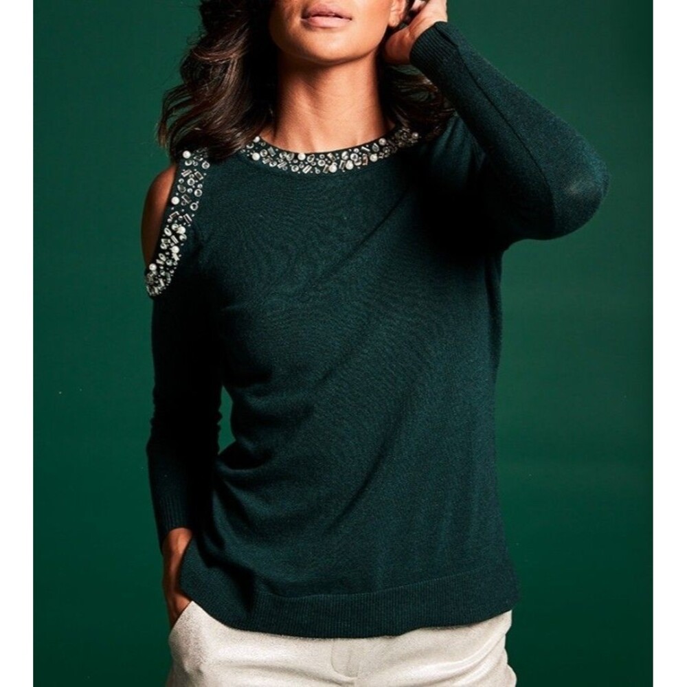 INC International Concepts Jeweled Sweater XS Green Embellished Holiday Knit